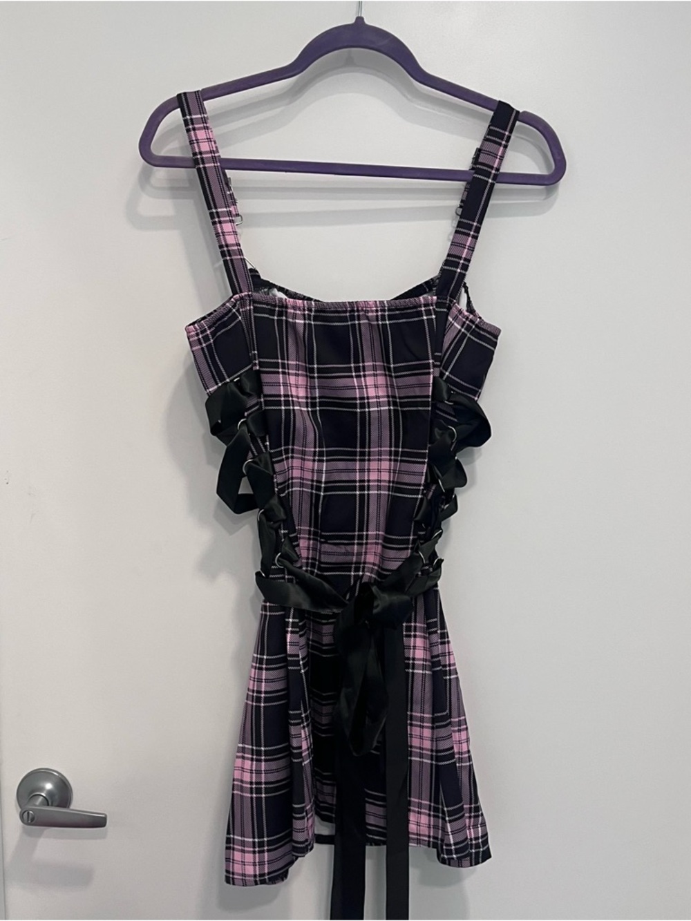 Pink & Black Plaid Zip-Front Mini Dress Grunge Goth Sleeveless Lace Tie Medium - Picture 3 of 6